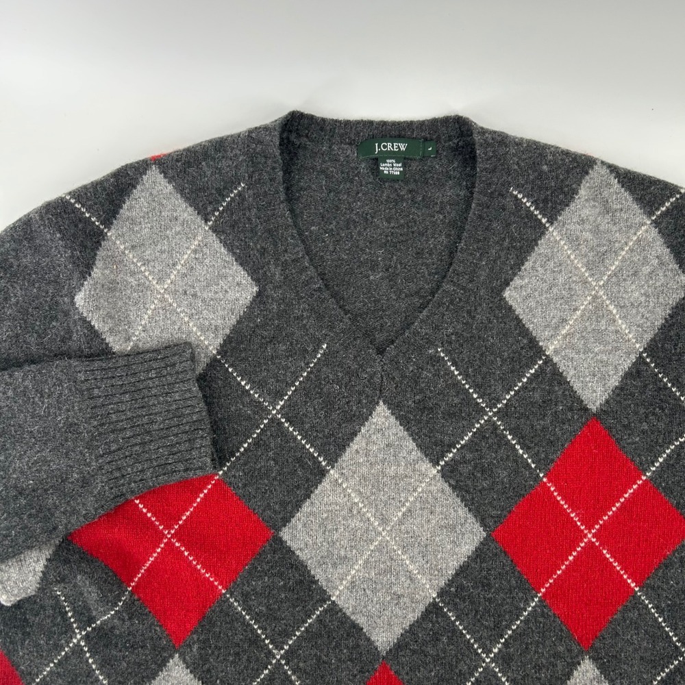J.Crew Argyle V-Neck Sweater Mens Large Gray Red 100% Lambswool 88981 Preppy